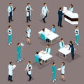 Set Isometric Doctors Hospital Staff Nurse 3D surgeons and patients. Health experts hospital isolated on a dark background. Vector