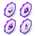 Set Isometric Donut, Online ordering fish, food and Sauce bottle icon. Purple hexagon button. Vector