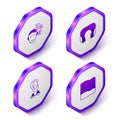 Set Isometric Dreams, Travel neck pillow, Earplugs and ear and Pillow icon. Purple hexagon button. Vector