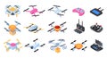 Set isometric drone, vector illustration. Wireless device with propeller, maneuverable quadrocopter. Hi-tech toy with