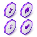 Set Isometric Drops of honey, Hive for bees, Bee and icon. Purple hexagon button. Vector Royalty Free Stock Photo