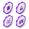 Set Isometric Electric kettle, Electrician, plug and cable icon. Purple hexagon button. Vector
