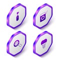 Set Isometric Electric toothbrush, Dental floss, search and implant icon. Purple hexagon button. Vector Royalty Free Stock Photo