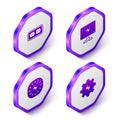 Set Isometric Electrical outlet, Smart Tv, Lightning bolt and Gear and lightning icon. Purple hexagon button. Vector