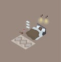 Set of isometric elements for the bedroom. A double bed with brown bedspread, a carpet, a bookcase, lamps and a tray Royalty Free Stock Photo