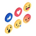 Set Isometric Emoji reactions vector like social icon. Button for expressing social smileys. Royalty Free Stock Photo