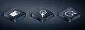 Set Isometric Envelope with coin dollar, Clock 24 hours and Cursor and coin icon. Vector