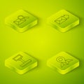 Set Isometric Envelope, Scale, Placeholder on map paper and Envelope with magnifying glass icon. Vector