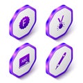 Set Isometric Exam paper with incorrect answers, Medal, Chalkboard and Pencil eraser icon. Purple hexagon button. Vector