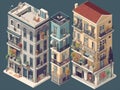 Set of isometric facades of multi-story houses. Cartoon style