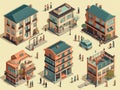 Set of isometric facades of multi-story houses. Cartoon style