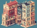 Set of isometric facades of multi-story houses. Cartoon style