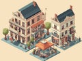 Set of isometric facades of multi-story houses. Cartoon style