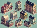 Set of isometric facades of multi-story houses. Cartoon style