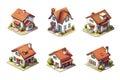 Set of Isometric family house building icon in cartoon hand draw style. Residential home property isolated.