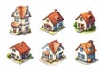 Set of Isometric family house building icon in cartoon hand draw style. Residential home property isolated.