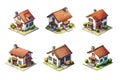 Set of Isometric family house building icon in cartoon hand draw style. Residential home property isolated.