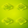 Set Isometric Film reel, Play Video, Monitor with HD video and Director movie chair icon. Vector Royalty Free Stock Photo