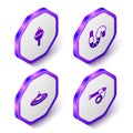 Set Isometric Fishing float, Worm, water and rod icon. Purple hexagon button. Vector Royalty Free Stock Photo