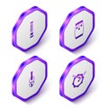 Set Isometric Flute, Conga drums, Violin and Drum with sticks icon. Purple hexagon button. Vector Royalty Free Stock Photo
