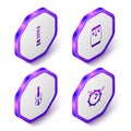 Set Isometric Flute, Conga drums, Violin and Drum with sticks icon. Purple hexagon button. Vector