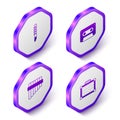 Set Isometric Flute, Retro audio cassette tape, Pan flute and Guitar amplifier icon. Purple hexagon button. Vector