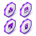 Set Isometric Food ordering on mobile, Restaurant cafe menu, Online food and Cup of tea icon. Purple hexagon button