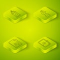 Set Isometric Fountain pen nib, AI file document, Graphic tablet and Paint spray can icon. Vector