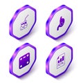 Set Isometric Fresh smoothie, Human stomach health, Bathroom scales and Diet plan icon. Purple hexagon button. Vector