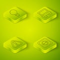 Set Isometric Fuse, Exclamation mark in triangle, Electrical outlet and Light bulb with concept of idea icon. Vector