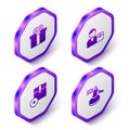 Set Isometric Gift box, Buyer, Carton cardboard and Auction hammer icon. Purple hexagon button. Vector