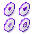 Set Isometric Golf ball on tee, Heart rate, Football field and Car wheel icon. Purple hexagon button. Vector Royalty Free Stock Photo