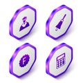 Set Isometric Graduate and graduation cap, Ringing bell, Exam paper with incorrect answers and Calculator icon. Purple