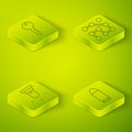 Set Isometric Graphic password protection, Motion sensor, Bullet and Key icon. Vector