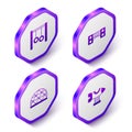 Set Isometric Gymnastic rings, Playground kids bridge, climbing equipment and Swing plane icon. Purple hexagon button Royalty Free Stock Photo