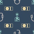 Set Isometric Headphones with microphone, Airline ticket and Pilot icon. Vector