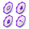 Set Isometric Honeycomb, Beekeeper glove, Cosmetic tube with honey and dipper stick icon. Purple hexagon button. Vector