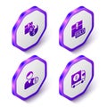 Set Isometric Hot price, Sold, Buyer and Armored truck icon. Purple hexagon button. Vector