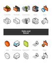 Set of isometric icons in otline style, colored and black versions Royalty Free Stock Photo