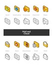 Set of isometric icons in otline style, colored and black versions Royalty Free Stock Photo