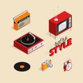 A set of isometric illustrations of vintage objects.