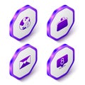 Set Isometric International Women Day, Handbag, Envelope with 8 March and icon. Purple hexagon button. Vector Royalty Free Stock Photo