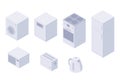 Set of isometric kitchen home utilities. A washing machine, dishwasher, oven, stove, fridge, microwave, toster, kettle.