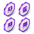 Set Isometric Law book, Decree, parchment, scroll, Chemistry and Translator icon. Purple hexagon button. Vector Royalty Free Stock Photo