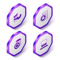 Set Isometric Leprechaun boot, Golden leprechaun coin, and hat icon. Purple hexagon button. Vector