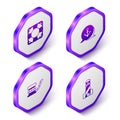 Set Isometric Lifebuoy, Anchor, Marine bollard with rope and Lighthouse icon. Purple hexagon button. Vector Royalty Free Stock Photo