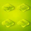 Set Isometric Lifebuoy, Kite, Ice cream and Sunbed icon. Vector