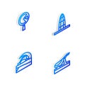 Set Isometric line Agbar tower, Omelette in frying pan, Concert hall de Tenerife and Spanish jamon icon. Vector