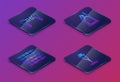 Set Isometric line Air headphones, Binary code, Test tube flask on fire and Syringe. Blue square button. Vector