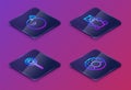 Set Isometric line Apple, Lollipop, Jelly bear candy and Donut. Blue square button. Vector